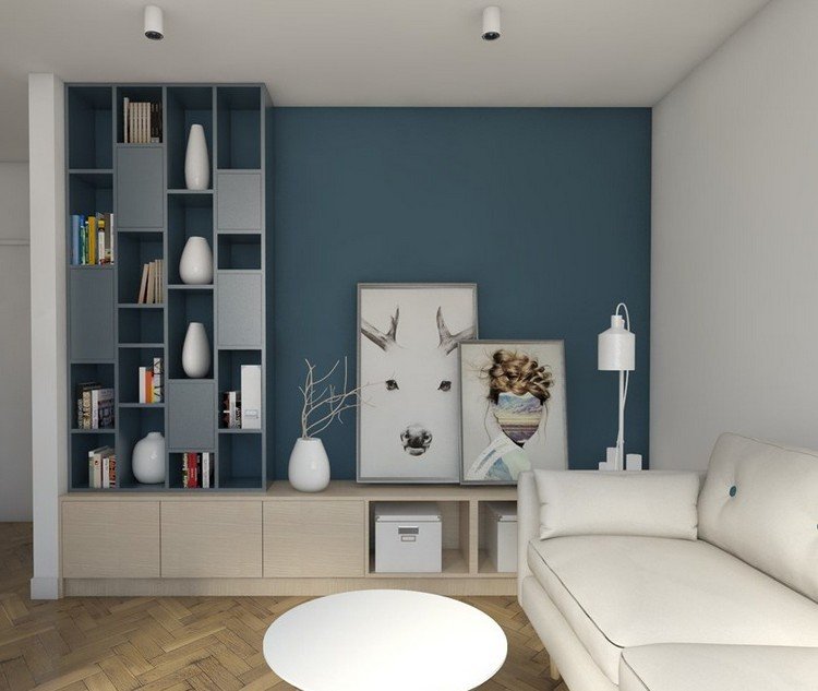Väggdesign-vardagsrum-färg-blå-grå-ljus-trä-vit-soffa