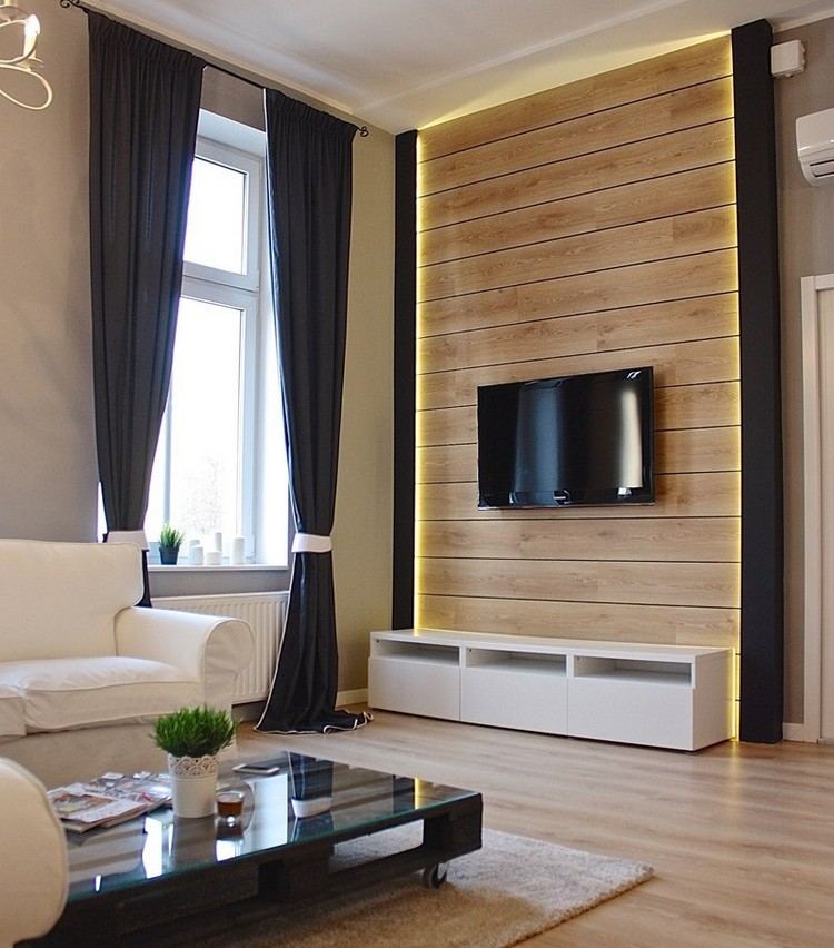 väggdesign-vardagsrum-trä-look-led-remsor-vägg-tv