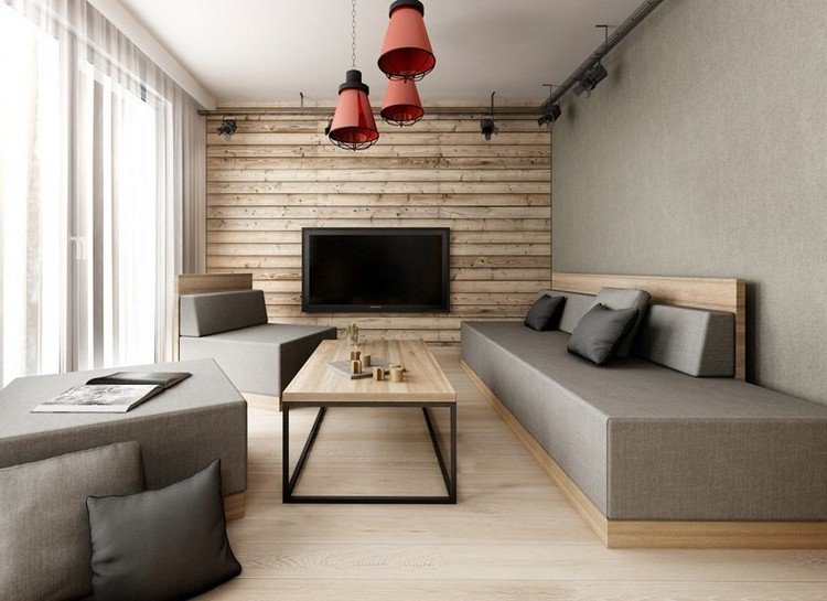 vägg-design-vardagsrum-trä-ser-grå-vägg-måla-industriella