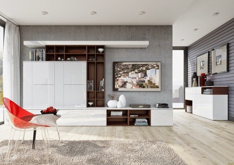 väggdesign-vardagsrum-betong-look-grå-levande-vägg-trä-vit-högglans