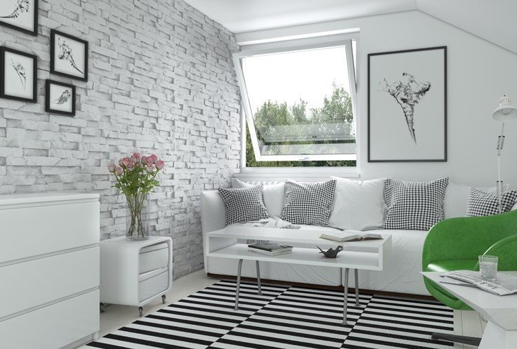 väggdesign-vardagsrum-sten-remmar-ljusgrå-Stegu-svart-vit