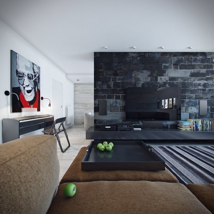 väggdesign-vardagsrum-idéer-modern-svart-sten-optik-soffbrun
