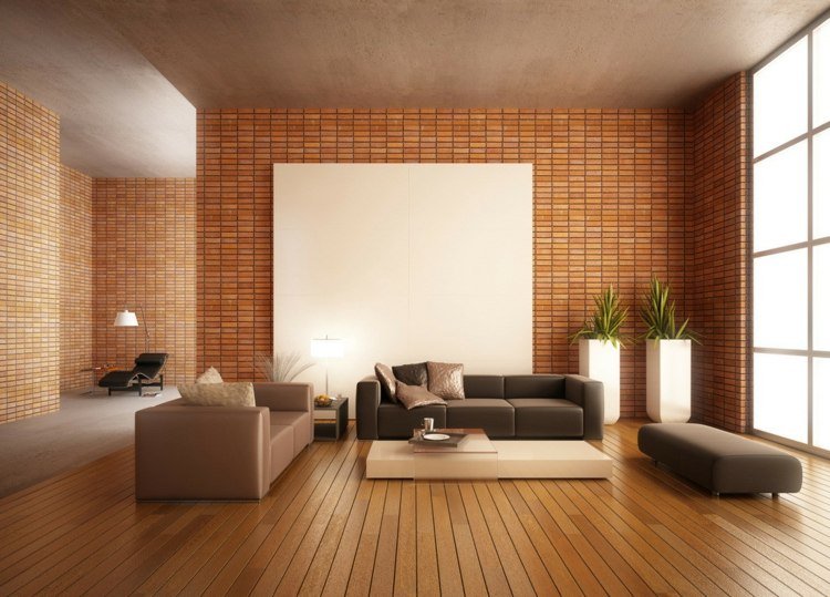väggdesign i vardagsrummet tegel-modern-brun-soffa-grå