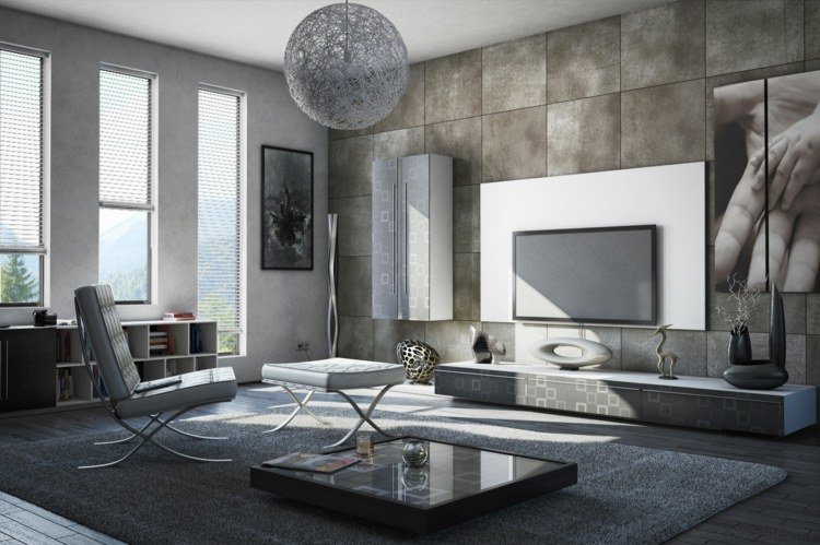väggdesign i vardagsrummet grå-kakel-monokroma möbler