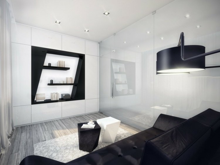 väggdesign-i-vardagsrummet-minimalistisk-svart-vit-lampa