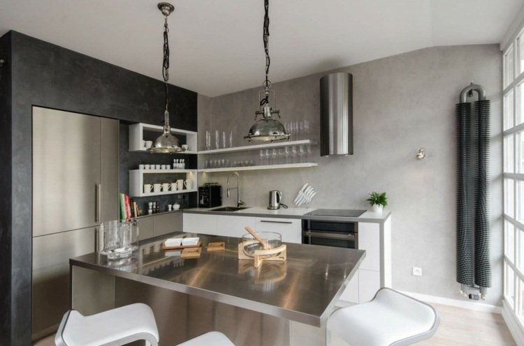 väggdesign-betong-look-kök-stål-bänk-lampa-design