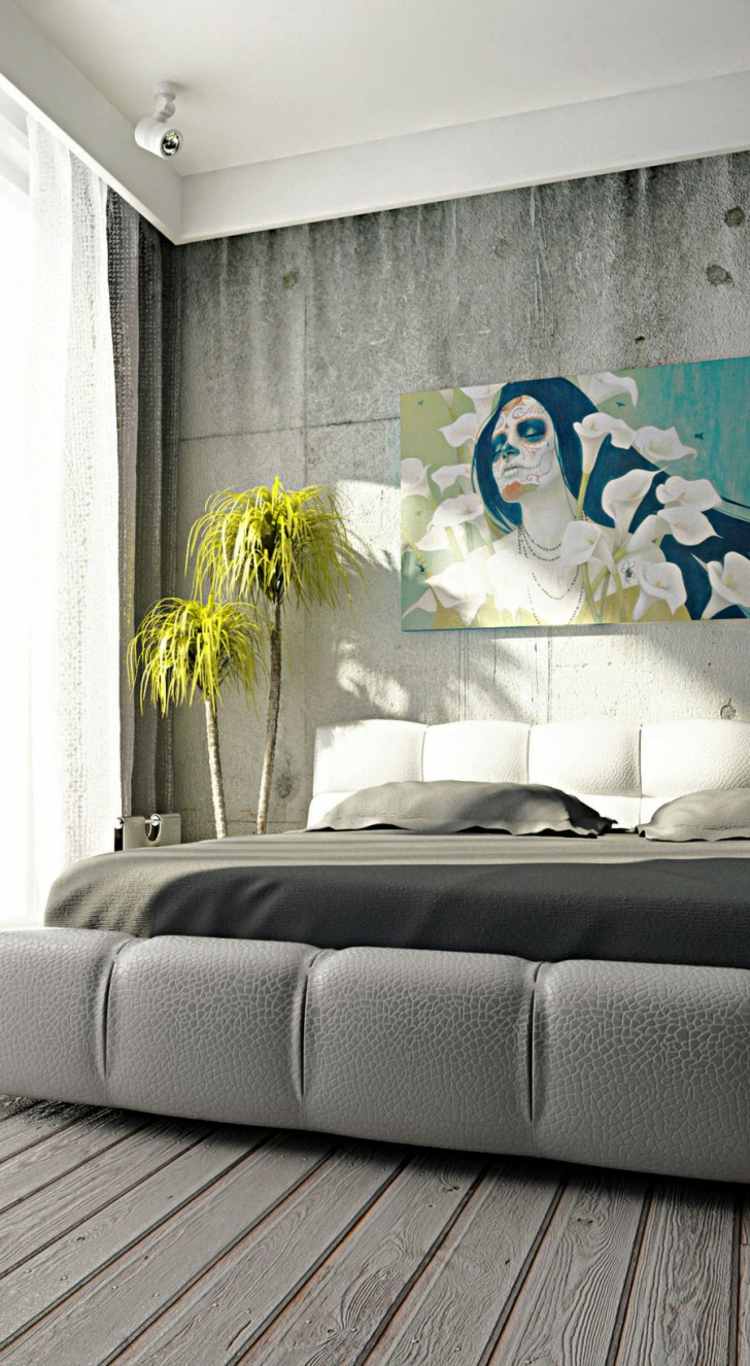 väggdesign i betongutseende sovrum-grå-säng-väggmålning-färg