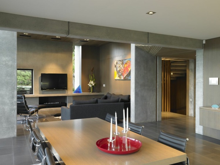 väggdesign-betongutseende-vardagsrum-matsal-matbord-stimulering-inbyggda lampor