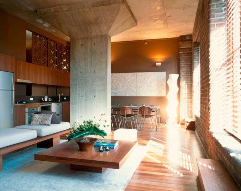 Väggdesign-brun-modern-exponerad betong-vardagsrum