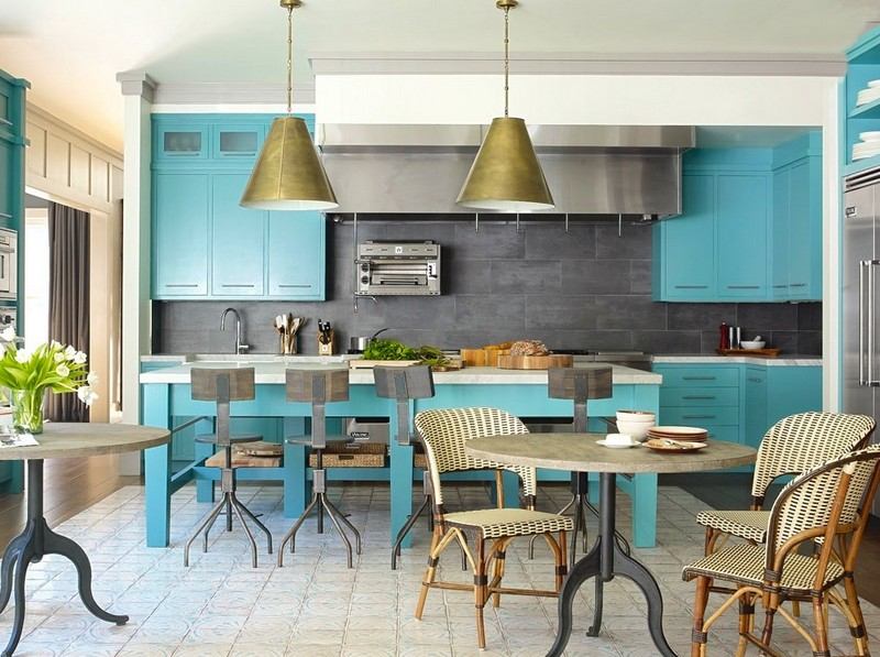 Väggdesign i grått och turkost kök-rustikt-design