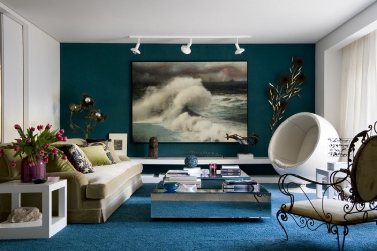 vägg-design-vardagsrum-bild-våg-motiv-turkos-väggfärg