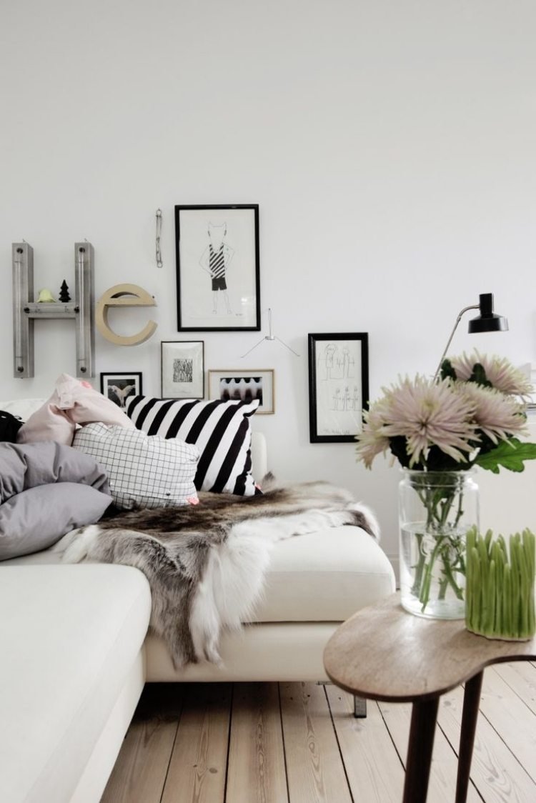 Väggdesign med bilder-vardagsrum-skandinavisk-svart-vit