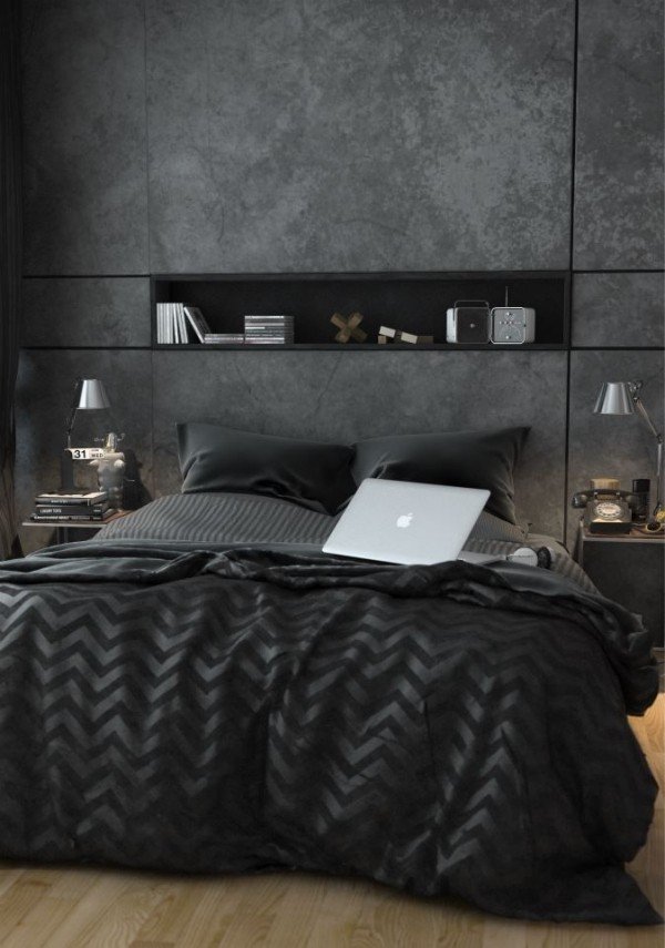 Sovrumsinredning trendiga askgrå hyllor integrerat väggbeklädnad golv som täcker dekorativa element i en färg