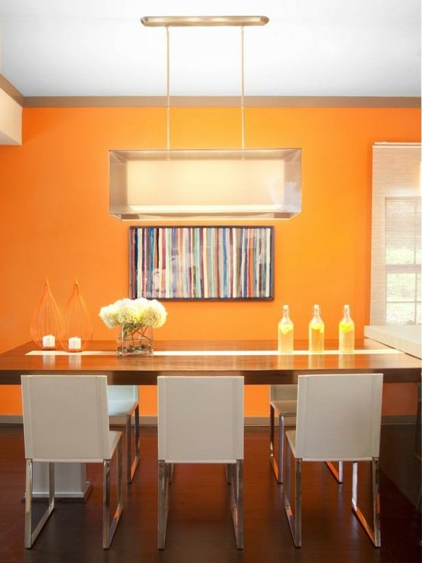 orange bord trä vita läder rostfria stolar