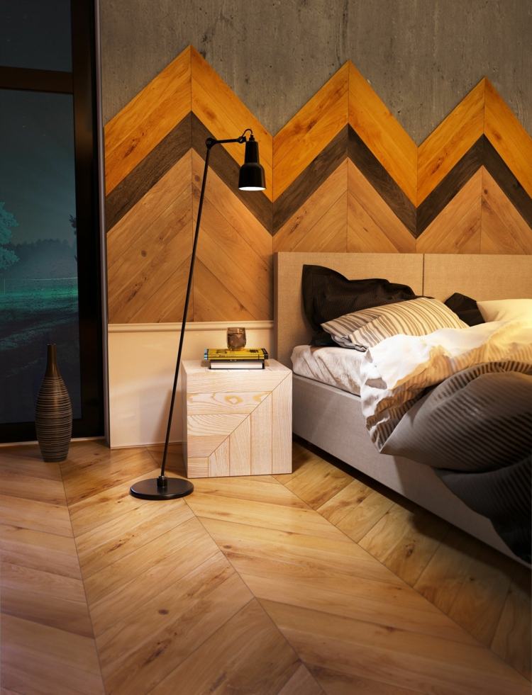 sovrum mönster gradient trä sänggavel väggdesign med fiskbensmönster