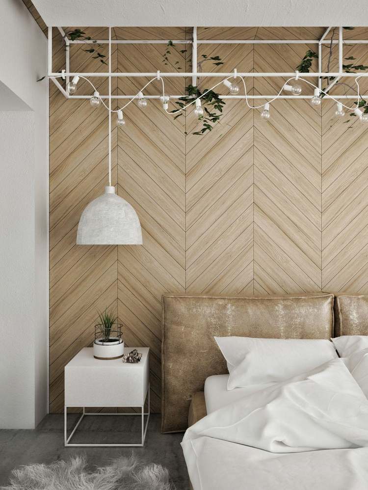 Modernt sovrum päls läder trä vägg design med fiskbensmönster