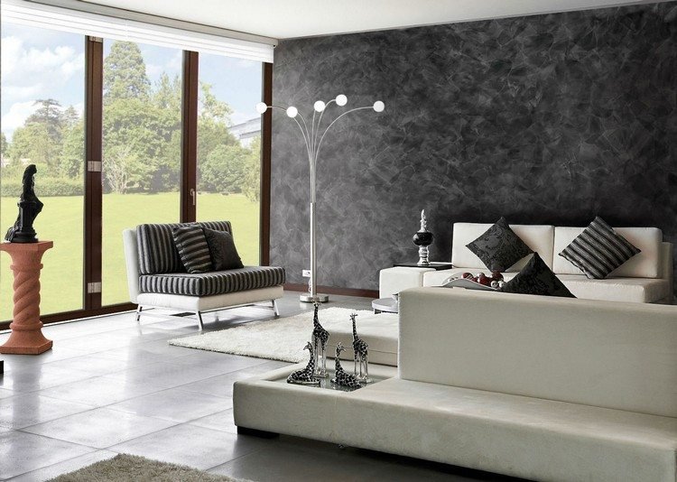 Väggdesign med spatelteknik vardagsrum-vägg-mörk-ton-ljus-möblerad-modern