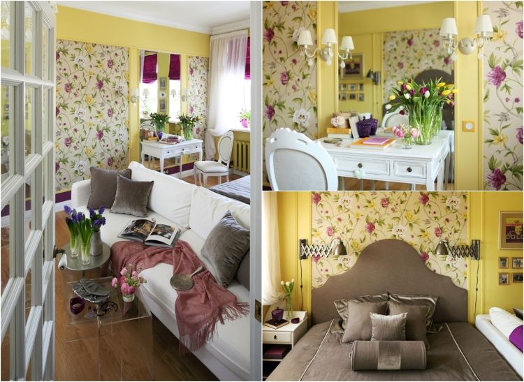 vägg-design-tapeter-blomma-mönster-gul-vägg-färg-idé