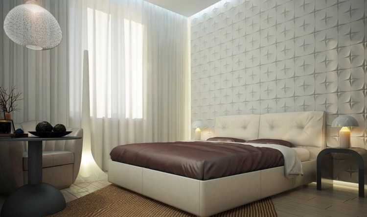 väggdesign-sovrum-idéer-ljus-beige-säng-klädsel-väggpaneler-relief