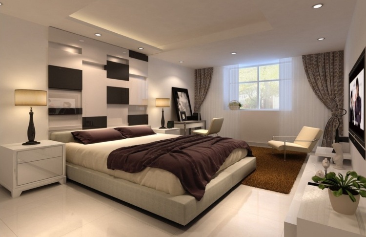 väggdesign-sovrum-idéer-beige-paneler-hyllor-elegant-belysning