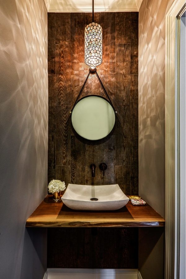 Dam toalettinredning badrumsidéer-rustikt väggmonterat handfat i trä