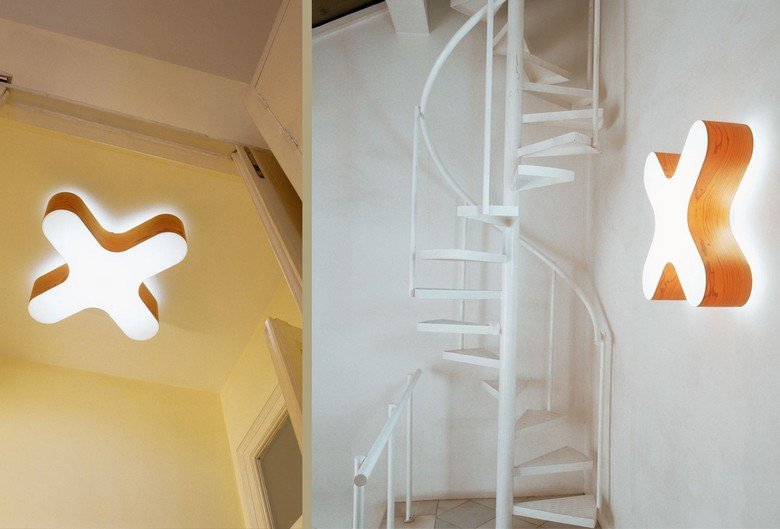 Vägglampa-trä-kors-idéer-modern-hall-belysning