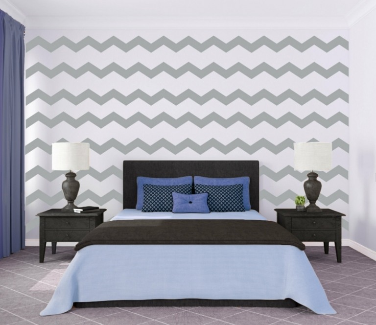 väggmönster idéer sicksack grå vit sovrum möbler säng