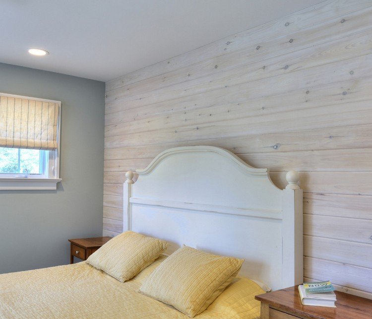 Väggpaneler av trä vit-hus-sovrum-grå-vägg-måla-trä-sängbord