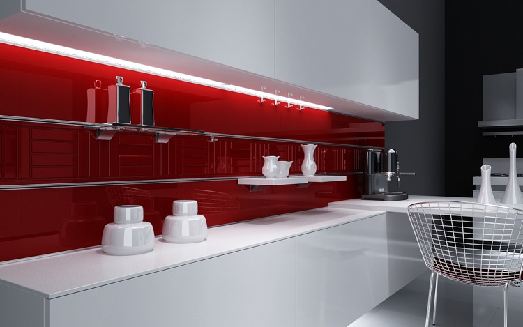Väggpaneler för kök - köksspegel - modern - högglans - mörk röd - vit