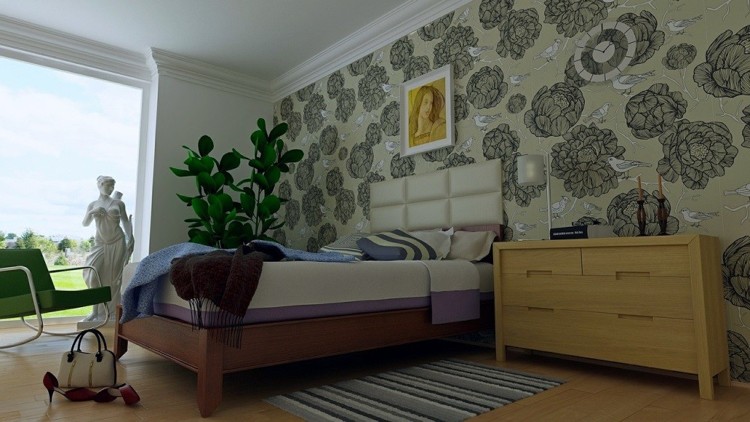 vägg-tapeter-blommor-mönster-vintage-design-sovrum-nyanser av grått