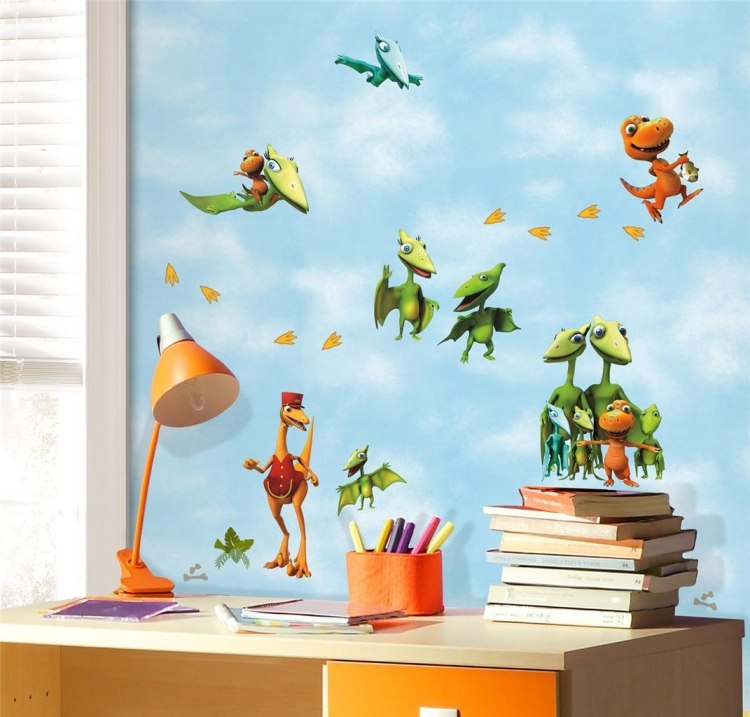 Väggdekaler-i-barnkammaren-dinosaur-skrivbordet-vägg-dekoration-idéer-pojkar-rum