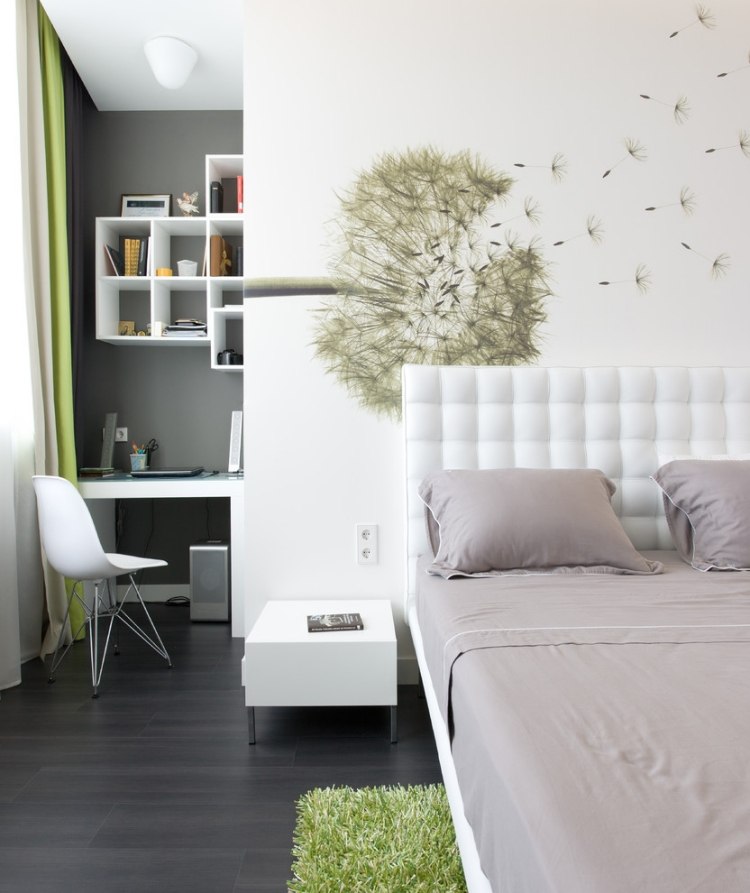 maskros-vägg-dekoration-sovrum-vit-grön-grå