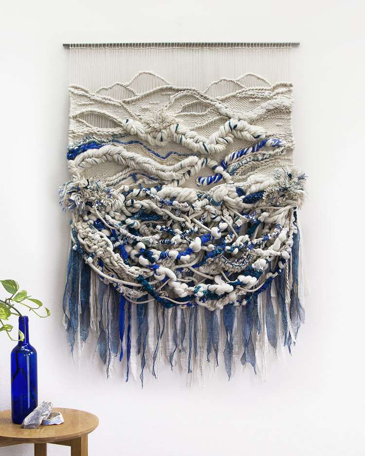 Tapestry deco macrame havet inspirerade mörkblå vita idéer vävda moderna