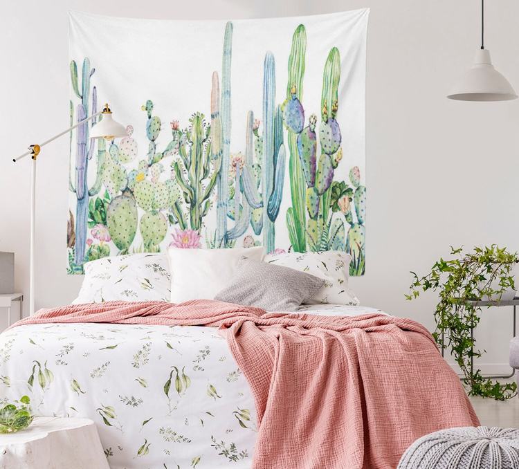 Gobeläng dekoration idéer mönster kaktusar boho sovrum uppsättning