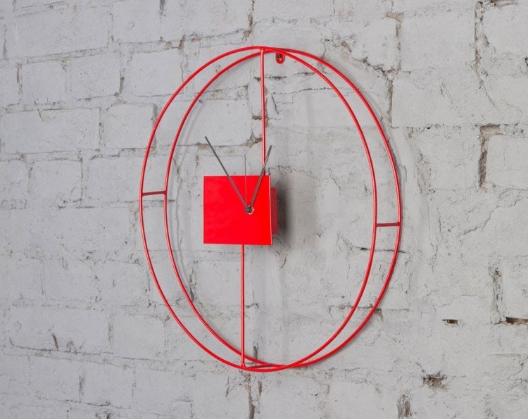 väggklocka-design-modern-vägg-design-skandinavisk-minimalistisk-tegel-vägg-vit-röd