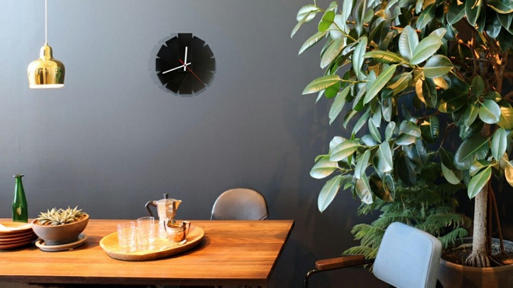 väggklocka-design-svart-vägg-färg-grå-växter-matbord
