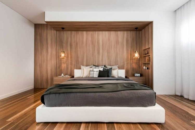 väggbeklädnad som dekoration accent sovrum-trä-säng-utan sänggavel