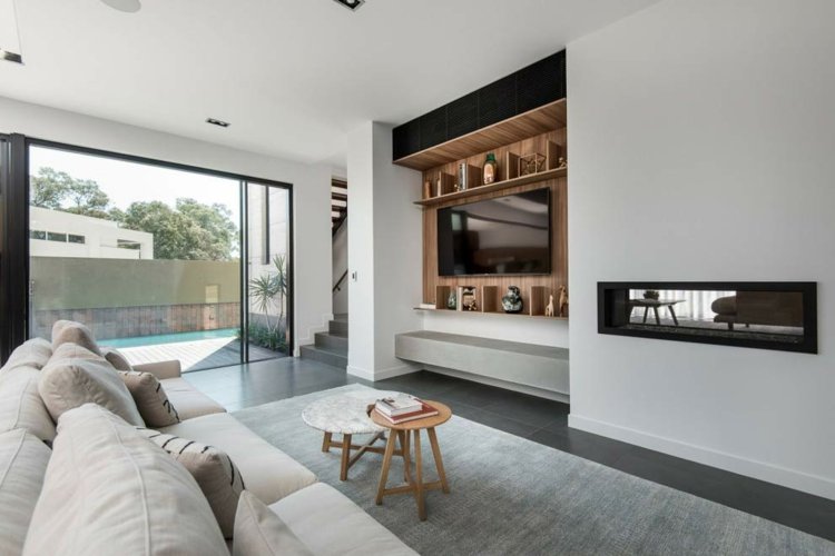 väggbeklädnad som dekorativ accent TV-öppen spis-vardagsrum. minimalistisk