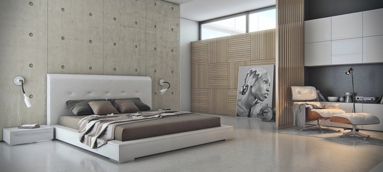 väggbeklädnad-trä-interiör-sovrum-loft-betong-vägg-enkel-modern-grå-vit