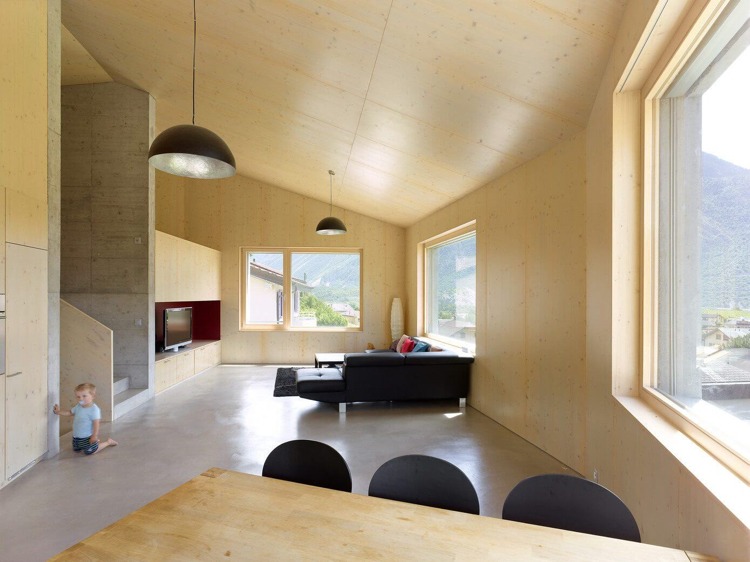 Väggbeklädnad-gran trä-betong-hus-sluttande-vägg-minimalistisk-design