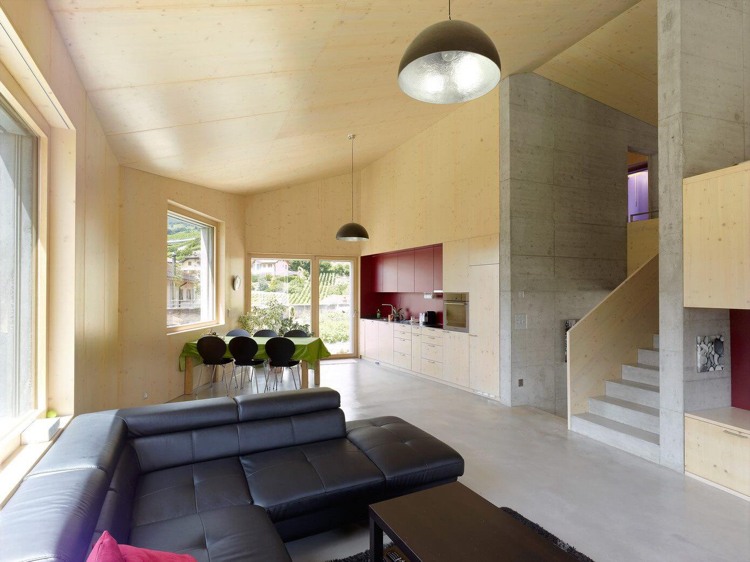 Väggbeklädnad av gran-betonghus-minimalistisk-läder-soffa-soffa