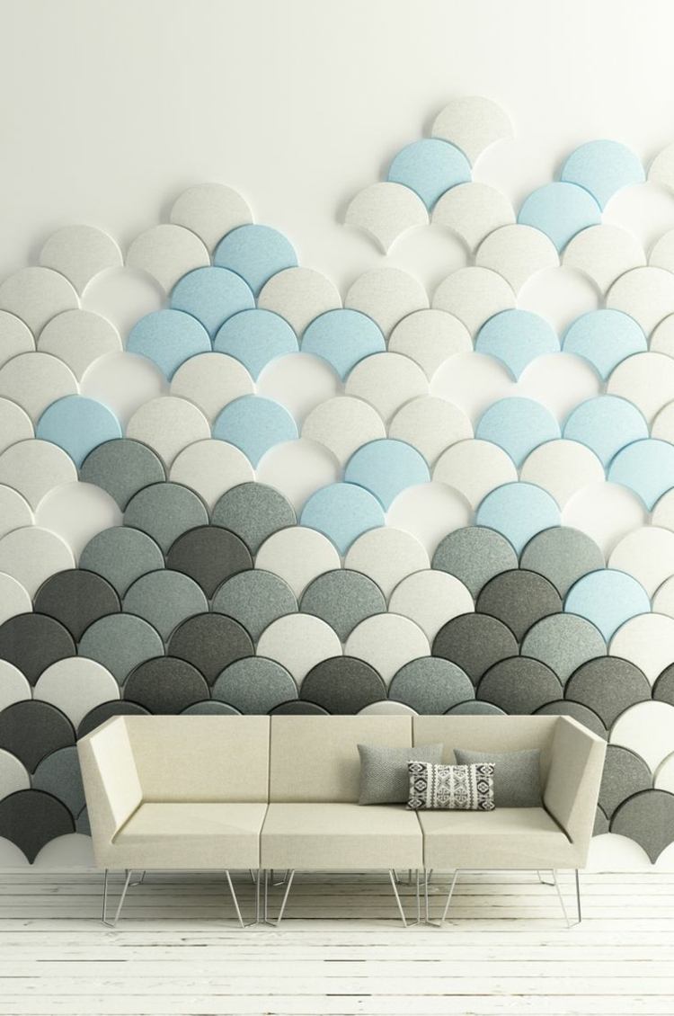 väggbeklädnad väggpaneler-halvcirklar-grå-vit-blå-accent väggdesign