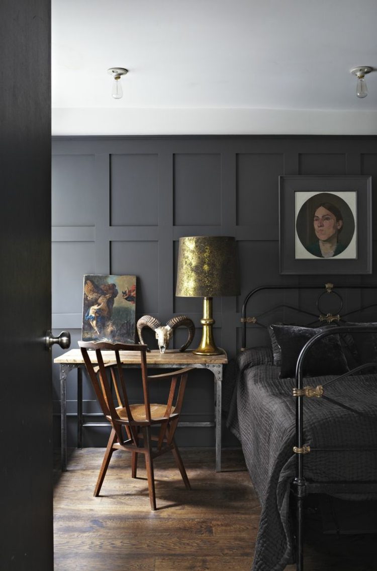 väggbeklädnad panel-svart-art-deco-vintage-metall-säng-sovrum-möbler