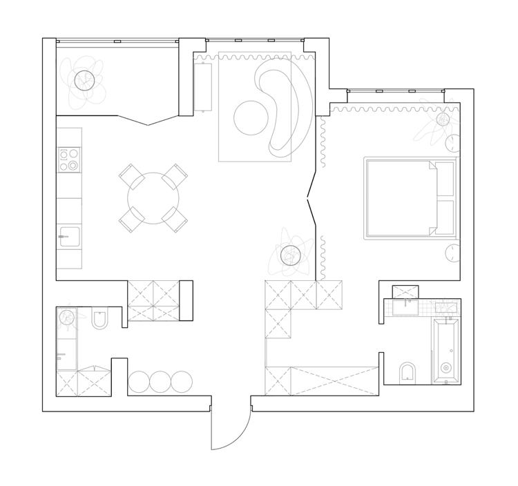 Planlösning 2-rumslägenhet kök vardagsrum öppet