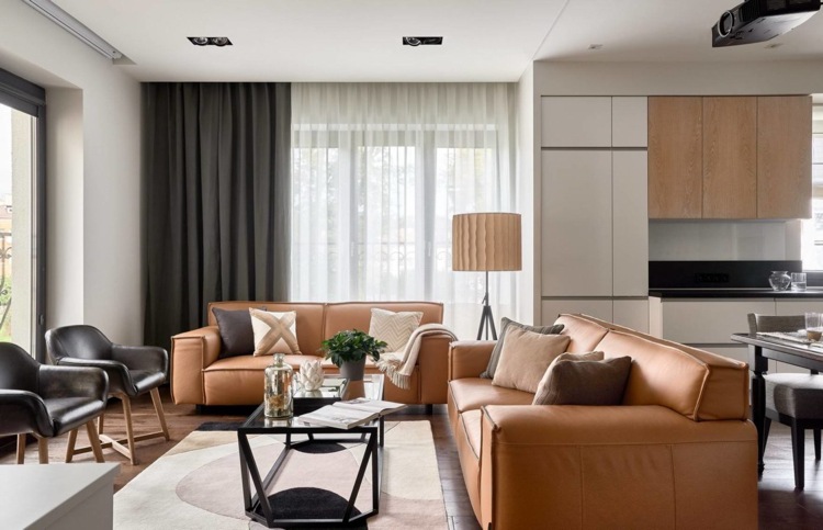 varma färger läderklädsel soffa fåtölj modernt vardagsrum