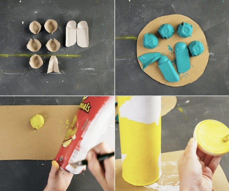Hantverksinstruktioner med Pringles -förpackning och äggkartong för en sparbössa