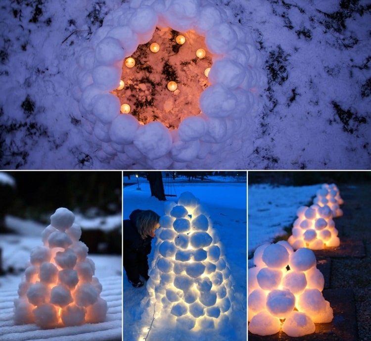 Bygga en lykta med snö från snöbollar enligt svensk tradition