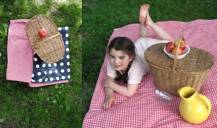 Vattentät picknickfilt -kontrollerad-vit-röd-prickar-nedre-sida-flicka-korg