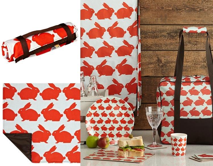 Vattentät picknickfilt -hare-mönster-röd-vit-bakgrund-tillbehör-väska