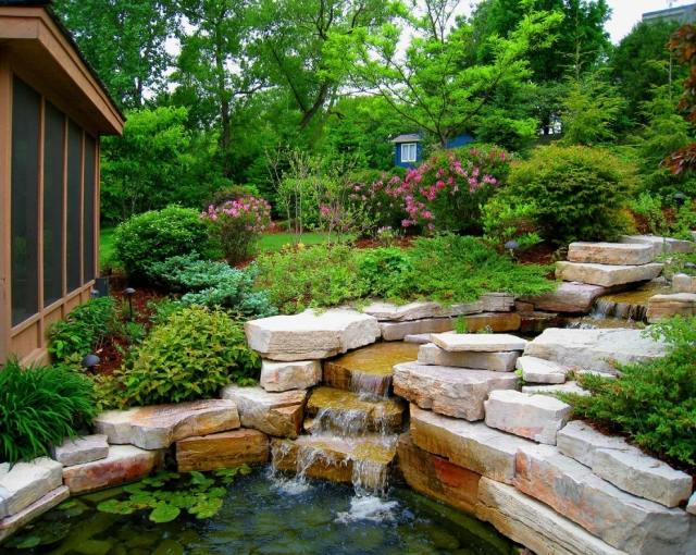 vatten damm trädgård landskap design idéer fredlig atmosfär